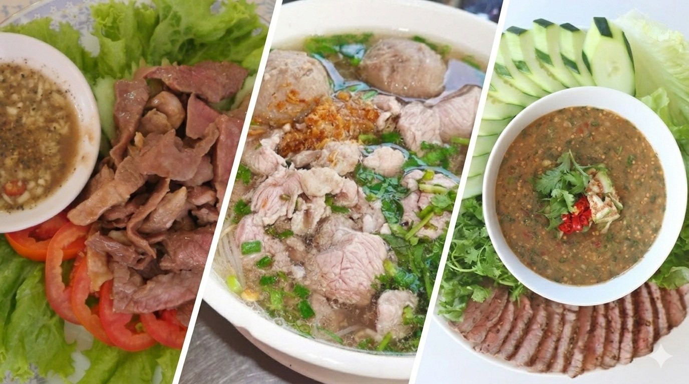 Cambodian food featuring beef lok lak, kuy teav noodle soup, and prahok dip served with fresh vegetables