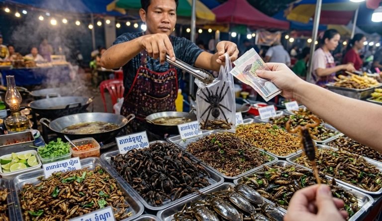 Cambodian street food stall selling fried tarantulas and edible insects in a busy night market