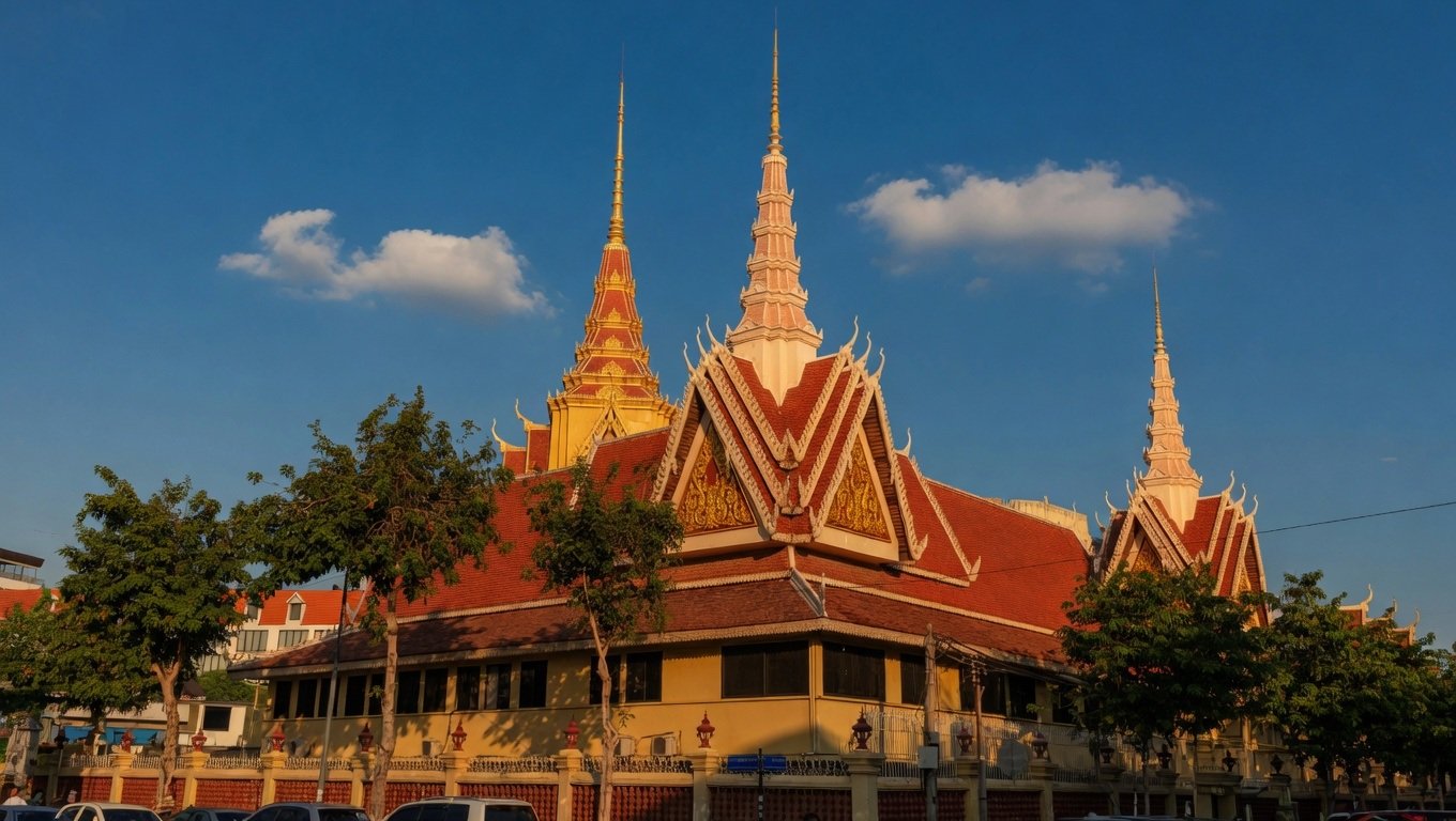Cambodia travel tips - Temple in phnom penh with blue sky and traditional architecture