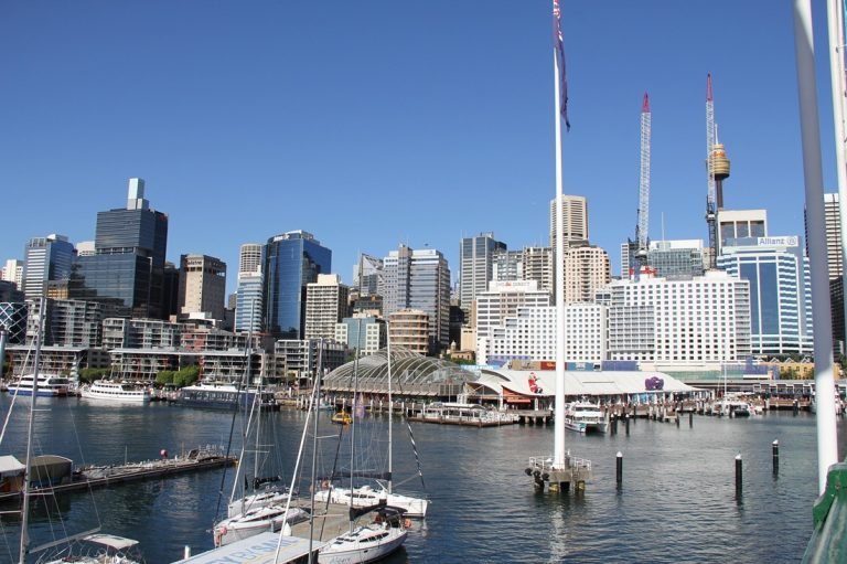Darling Harbour Sydney waterfront skyline boats marina city view Caption: Description:
