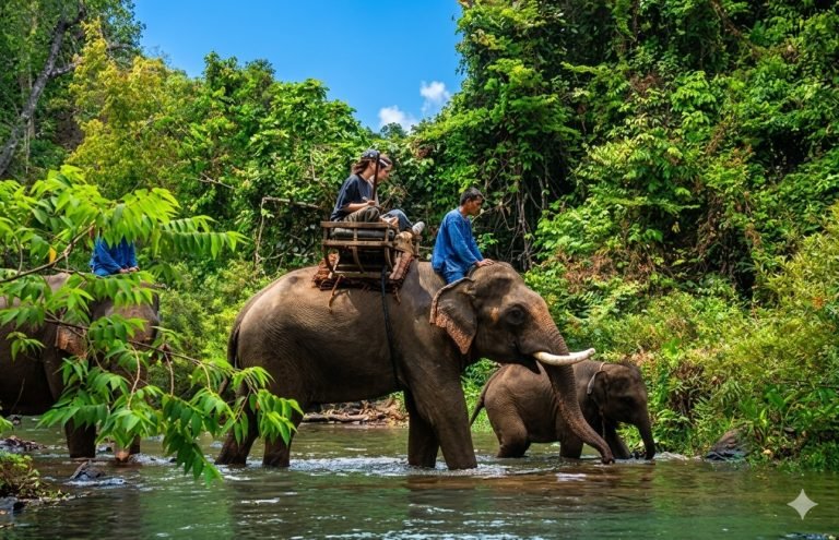 elephants walking through a shallow river in the jungle with guides in Ratankiri cambodia