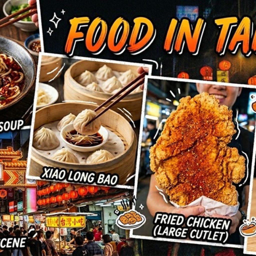 Food in Taiwan - Collage featuring beef noodle soup, xiao long bao, fried chicken, bubble tea, and night market scene