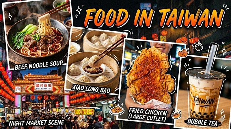 Food in Taiwan - Collage featuring beef noodle soup, xiao long bao, fried chicken, bubble tea, and night market scene