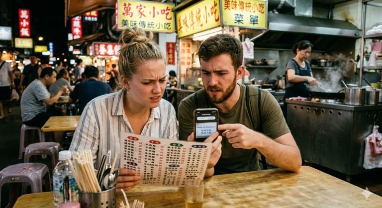 Food in Taiwan travelers using phone to translate a local menu at a night market street food stall