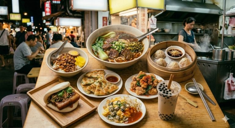 Food in Taiwan featuring beef noodle soup, dumplings, fried chicken, bubble tea, and street food dishes at a night market