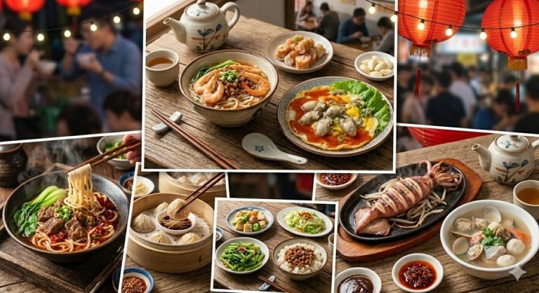 Food in Taiwan collage featuring beef noodle soup, dumplings, seafood dishes, street food, and night market scenes