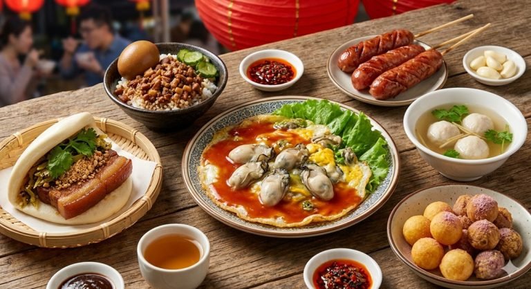 Food in Taiwan featuring gua bao, oyster omelet, braised pork rice, sausages, fish ball soup, and street food snacks