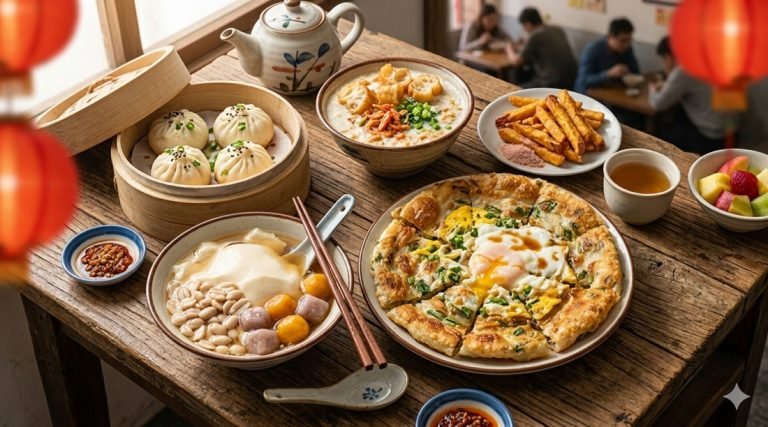 Food in Taiwan featuring xiao long bao, scallion pancake, tofu dessert, and traditional breakfast dishes
