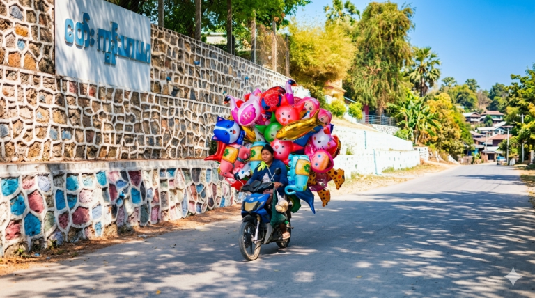 Street vendor riding a motorbike with colorful balloons in Battambang Cambodia on a sunny day Caption: Description: