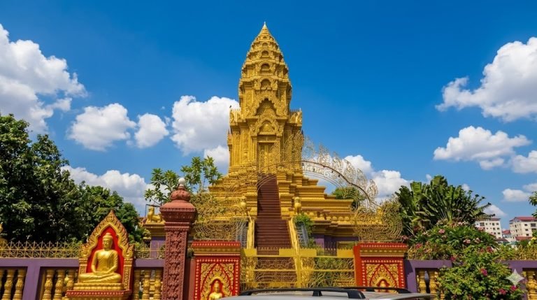 cambodia travel tips golden buddhist temple in phnom penh with traditional khmer architecture Caption Description