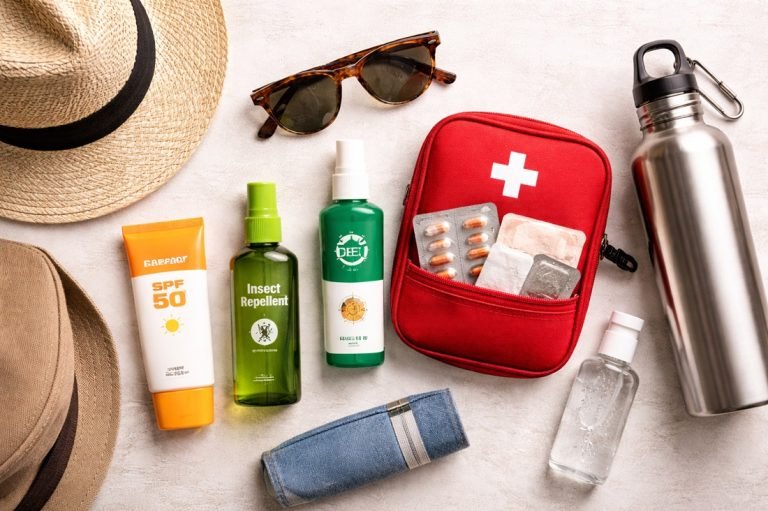 cambodia packing list health essentials sunscreen mosquito repellent medical kit water bottle sunglasses hat