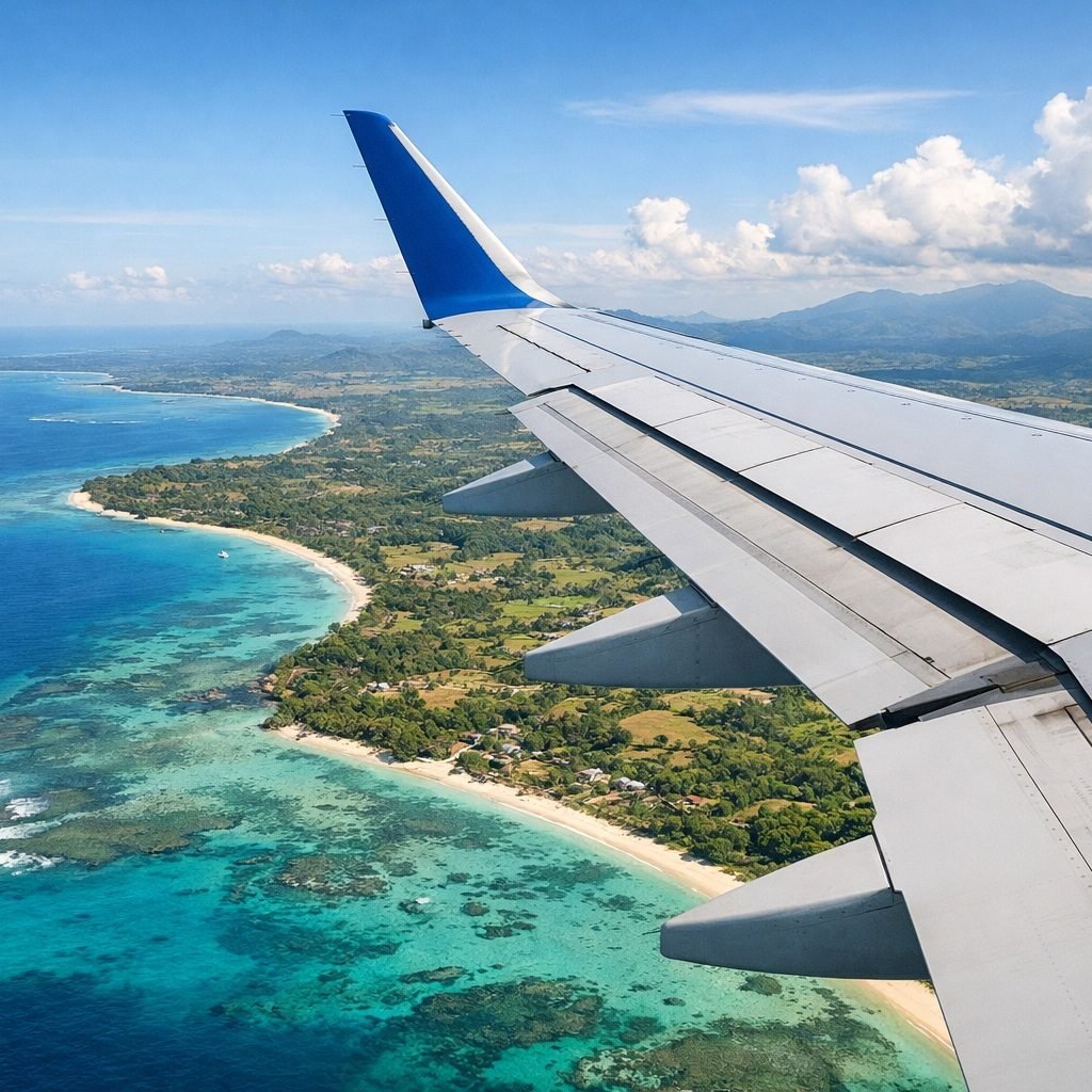 how to get to madagascar airplane wing aerial view coastline Madagascar