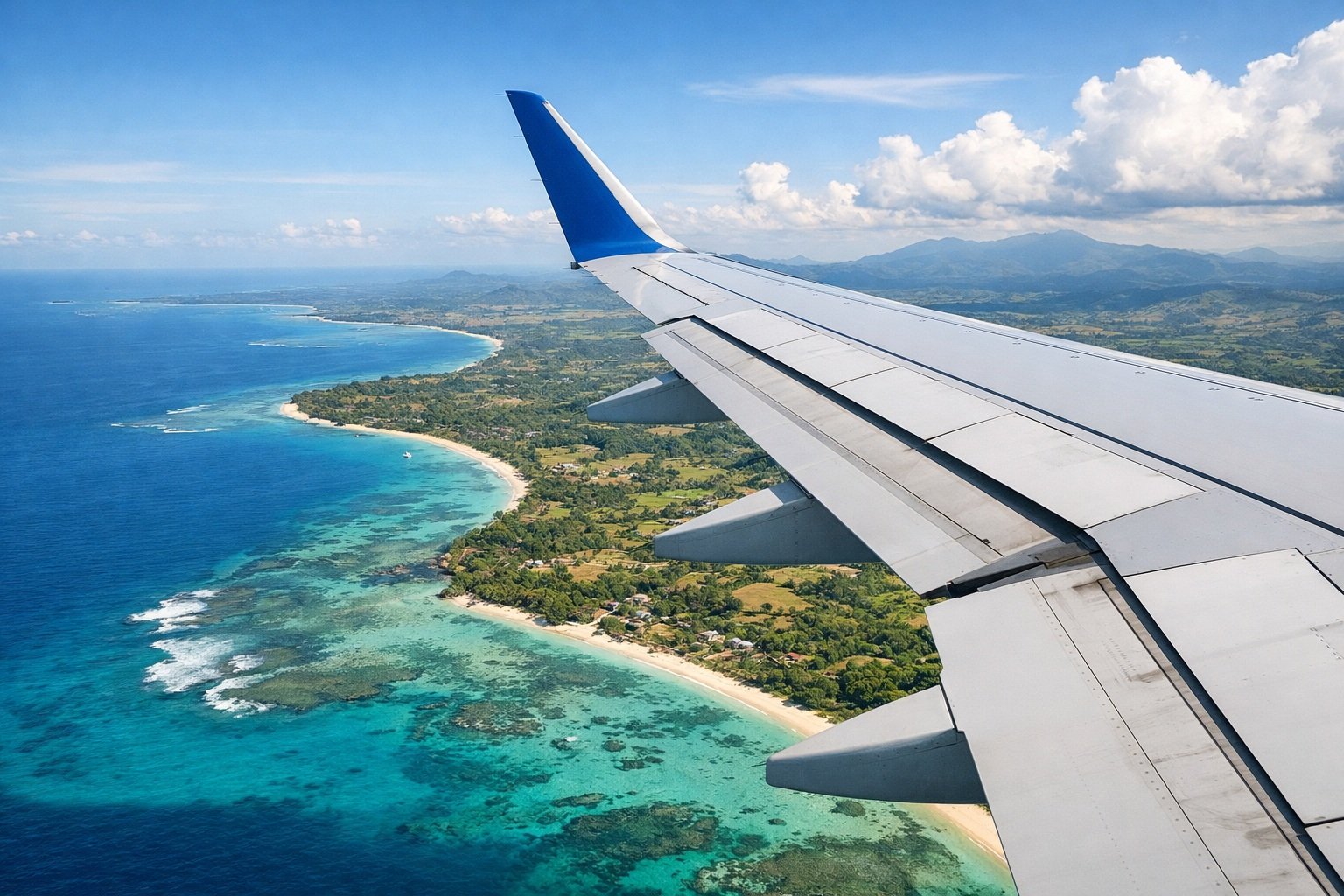 how to get to madagascar airplane wing aerial view coastline Madagascar