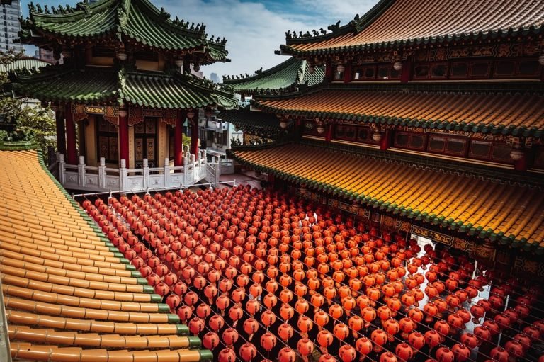 Is Taiwan safe - traditional temple courtyard in Kaohsiung with red lanterns and ornate architecture