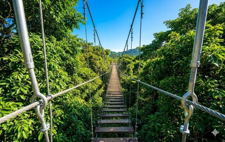 suspension bridge crossing above dense jungle canopy in ratanakiri cambodia