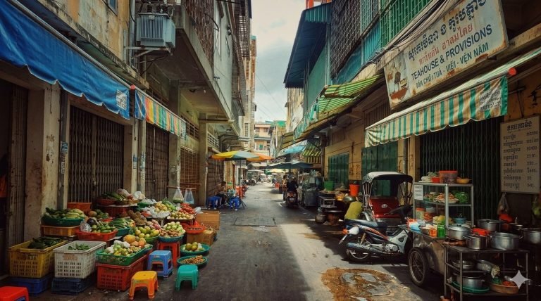 Cambodia travel tips - alleyway in phnom penh with street food stalls and local daily life