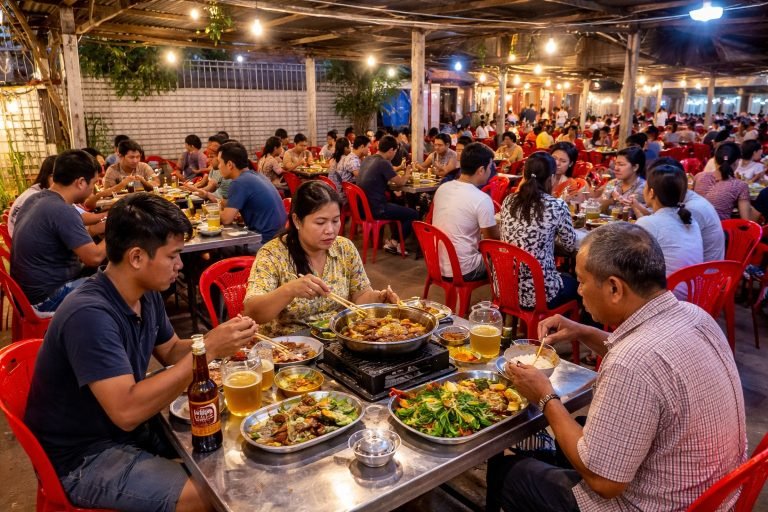 people eating together at a busy local restaurant in Cambodia with shared dishes and red plastic chairs Caption Description