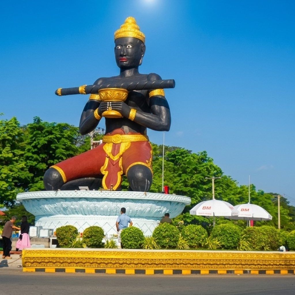 Lok Ta Dambong statue in Battambang Cambodia under bright blue skies on a sunny day