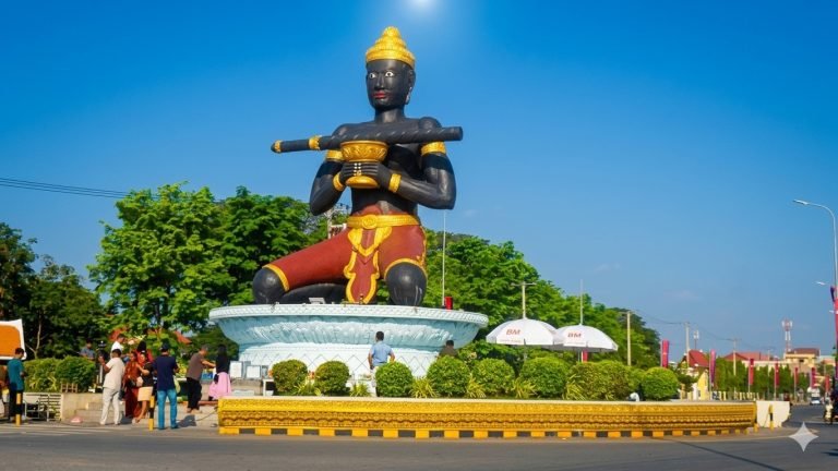 Lok Ta Dambong statue in Battambang Cambodia under bright blue skies on a sunny day