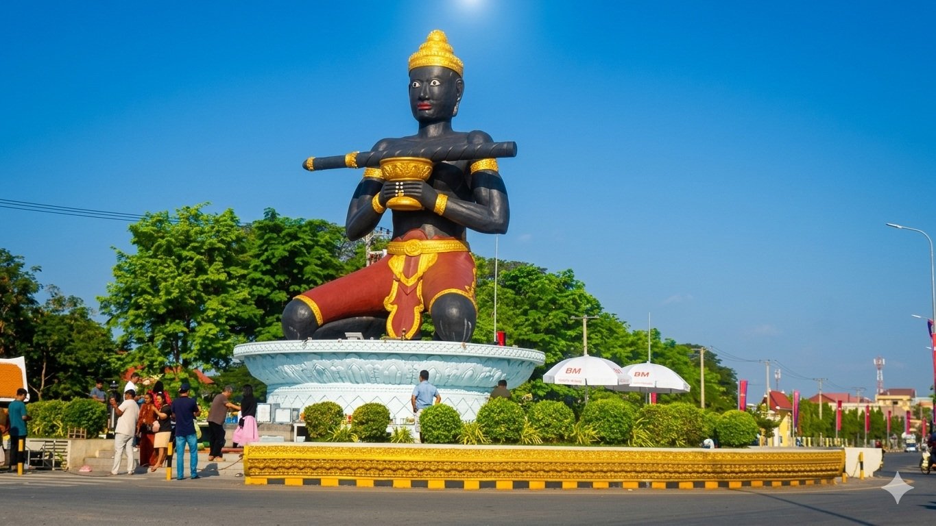 Lok Ta Dambong statue in Battambang Cambodia under bright blue skies on a sunny day
