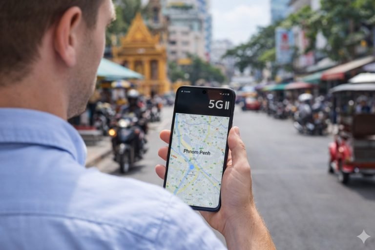 sim card cambodia traveler using smartphone map phnom penh 4g 5g signal Caption: Description:
