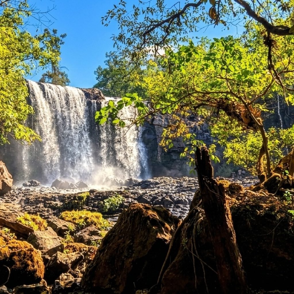 waterfall in northeast cambodia mondulkiri ratanakiri jungle landscape with sunlight and blue sky