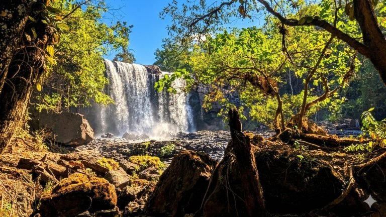 waterfall in northeast cambodia mondulkiri ratanakiri jungle landscape with sunlight and blue sky