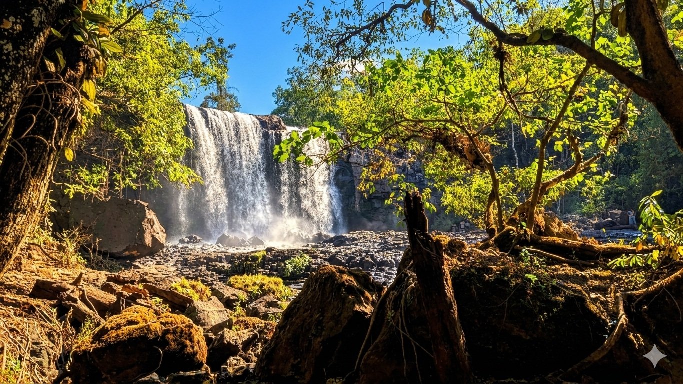 waterfall in northeast cambodia mondulkiri ratanakiri jungle landscape with sunlight and blue sky