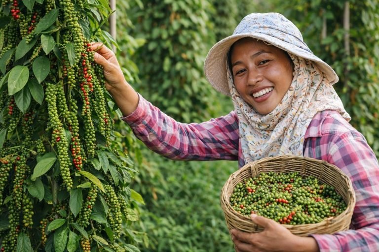 Things to do in Kampot - Pepper farm woman harvesting peppercorns on vines