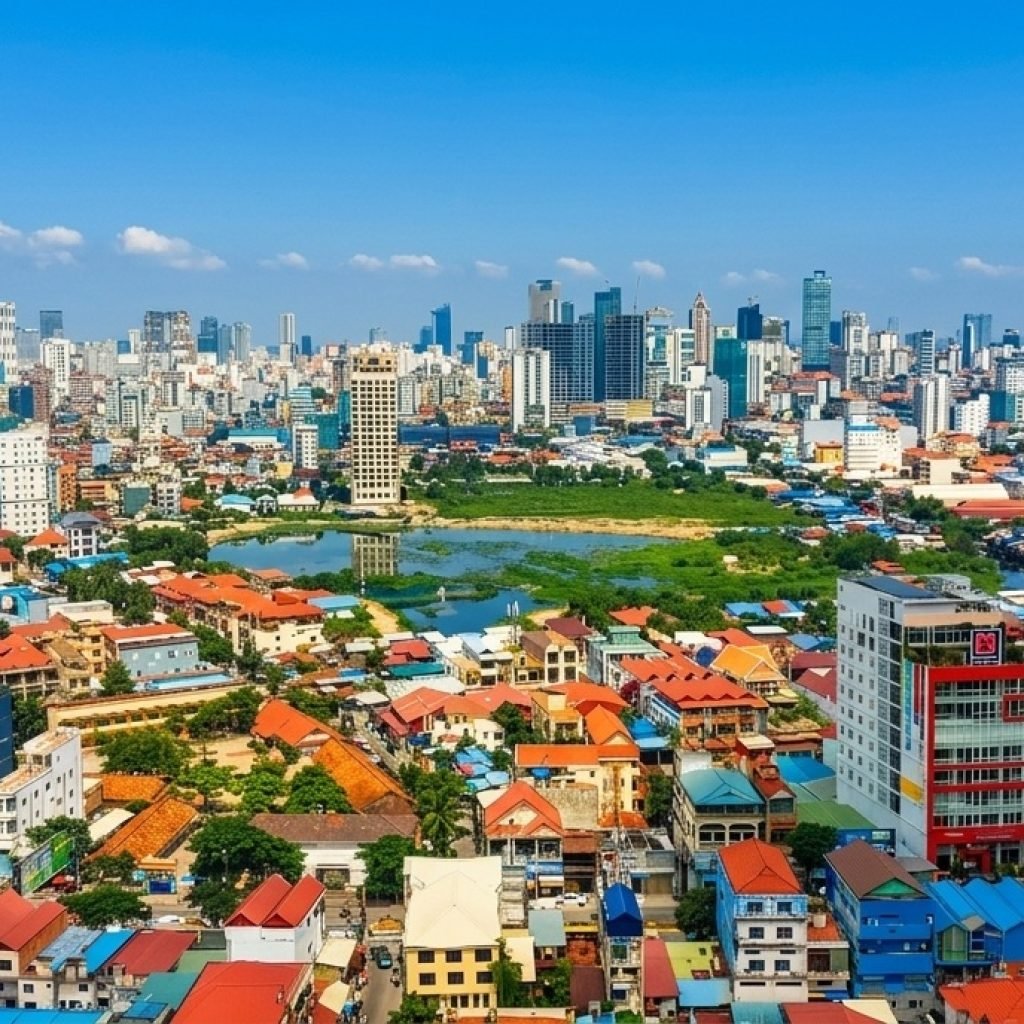 Things to do in Phnom Penh skyline view on a sunny afternoon with blue skies