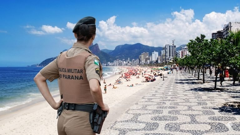 Is Brazil safe – police officers standing on a busy beach promenade in Rio de Janeiro with tourists nearby