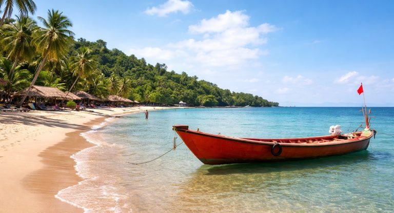 White sandy beach on Rabbit Island with a red wooden fishing boat in shallow turquoise water