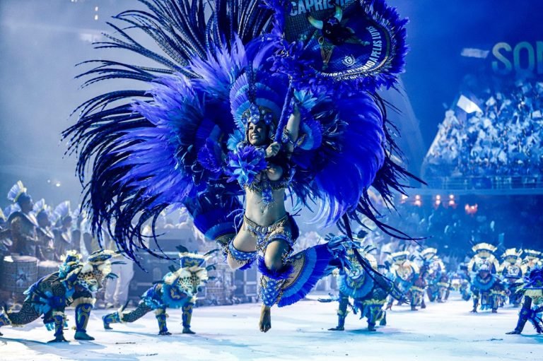 Brazil travel tips: samba dancer performing at Rio Carnival with vibrant costumes and parade atmosphere