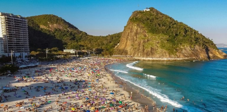 Brazil travel cost Rio de Janeiro beach crowded coastline daily expenses Caption: Description:
