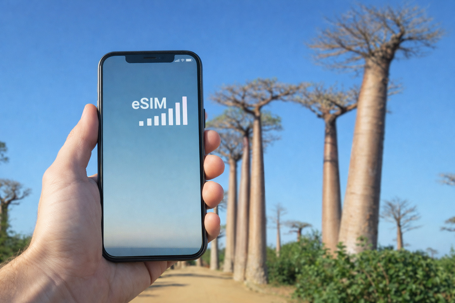 SIM vs eSIM in madagascar - Traveler holding smartphone with esim signal on avenue of the baobabs
