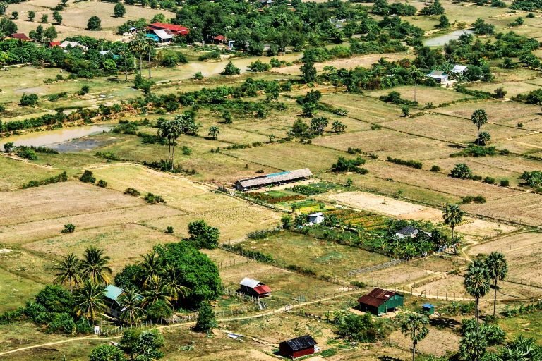 Aerial view of rural countryside near Siem Reap with rice fields, small farms, and scattered houses Caption Description