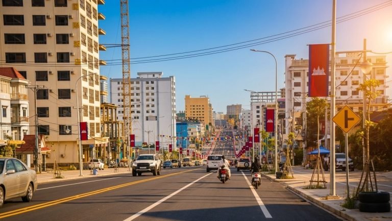 Sihanoukville Cambodia city street with wide modern road, buildings, and traffic under sunny sky