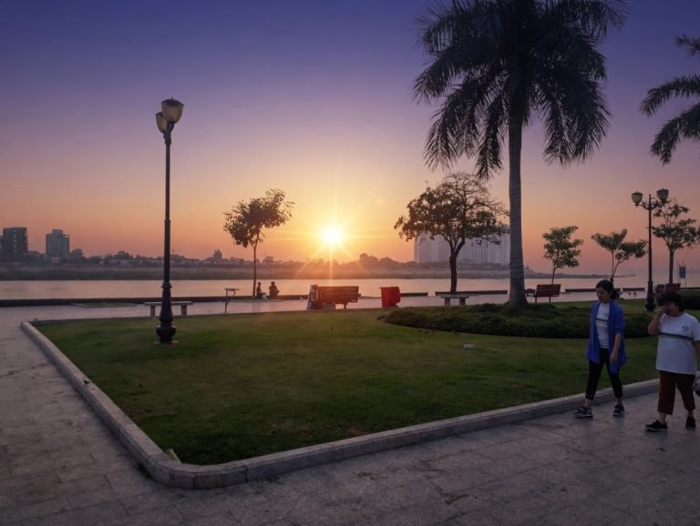 sunset over the riverside esplanade in phnom penh cambodia with palm trees and mekong river view