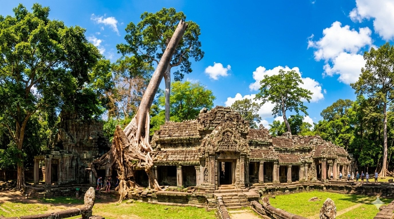 Cambodia visa travel guide image of Ta Prohm temple ruins with jungle trees in Angkor Cambodia