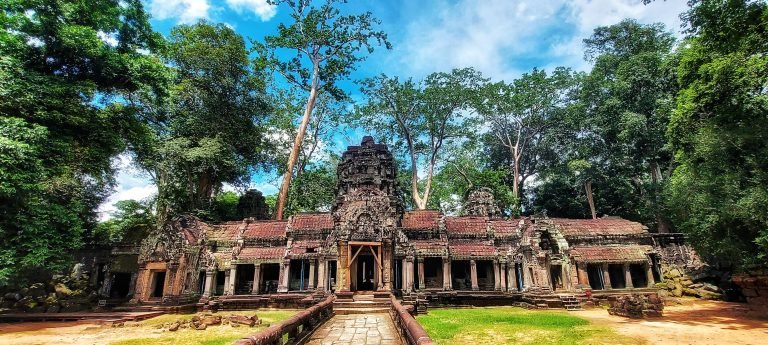 Angkor Wat Guide showing Ta Prohm temple ruins surrounded by jungle trees in Angkor Archaeological Park Siem Reap Cambodia Caption Description