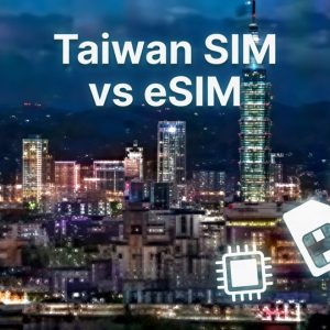 Taiwan SIM vs eSIM comparison image with Taipei skyline and mobile connectivity icons