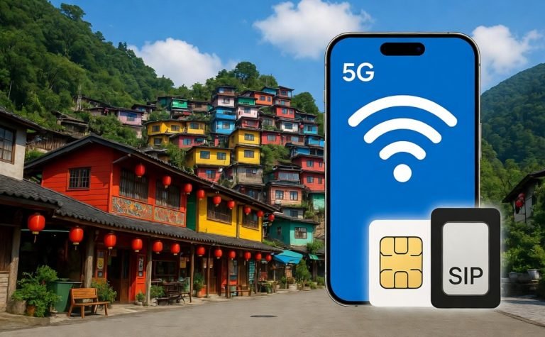 Taiwan SIM vs eSIM comparison with smartphone 5G signal and Jiufen village background