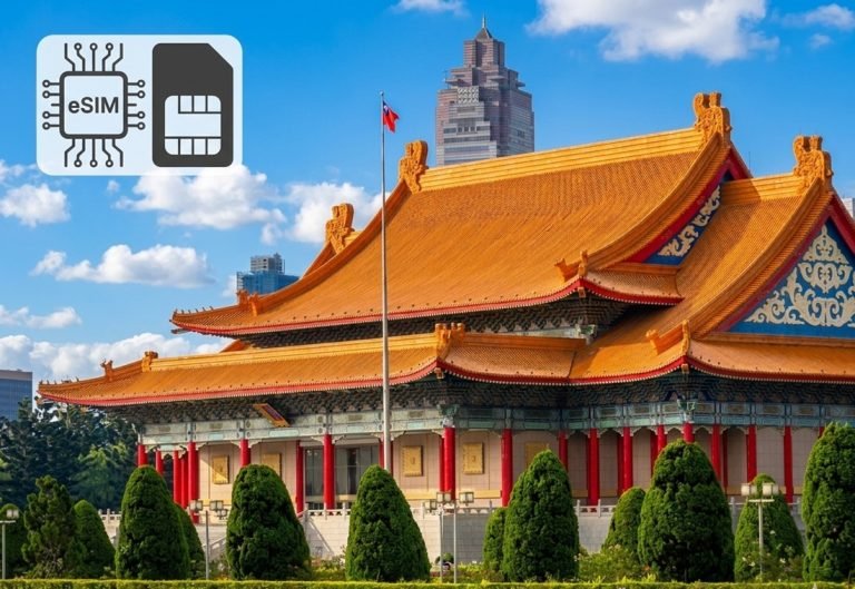 Taiwan SIM vs eSIM comparison with temple and mobile connectivity icons in Taipei Caption Description