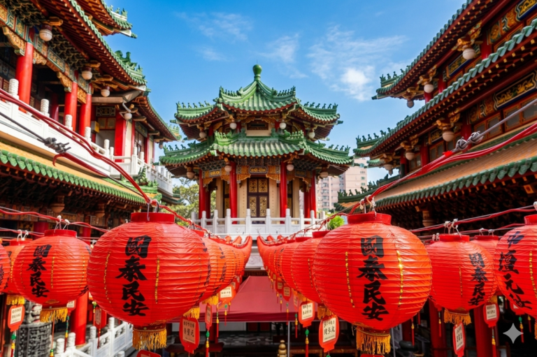 getting around taiwan - traditional temple red lanterns city travel taiwan