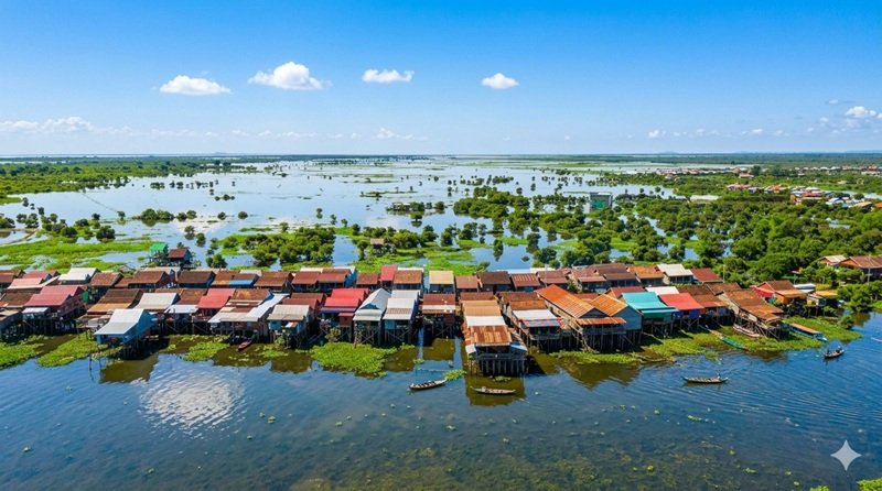 tonle sap floating village aerial view stilt houses flooded landscape cambodia