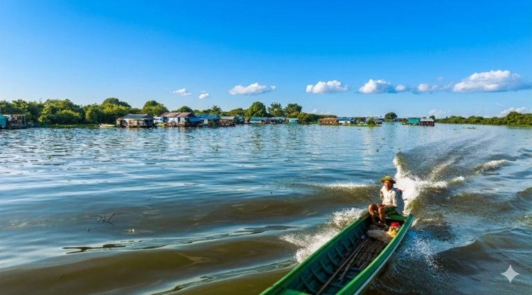 tonle sap floating village boat crossing lake cambodia water transport