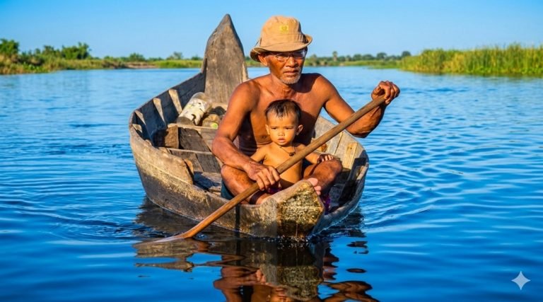 tonle sap floating village fisherman child boat cambodia daily life