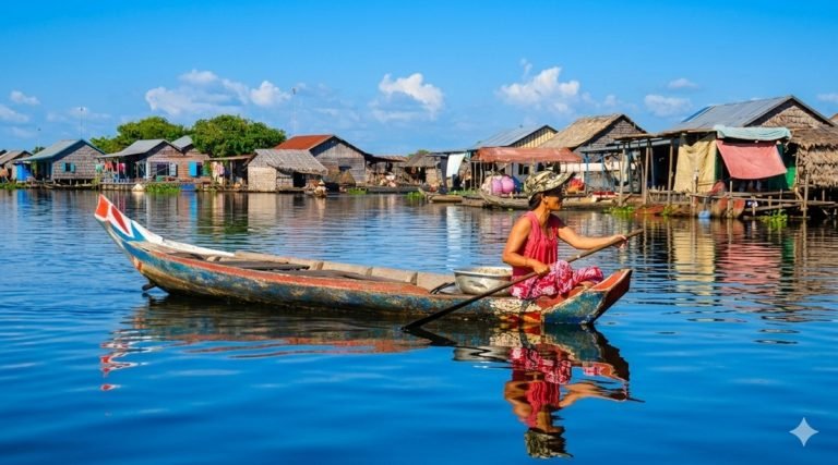 tonle sap floating village woman rowing boat houses water cambodia Caption Description
