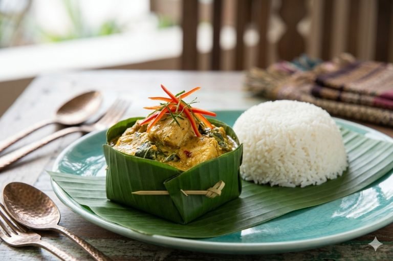 traditional Cambodian fish amok served in banana leaf with steamed rice on a plate Caption Description