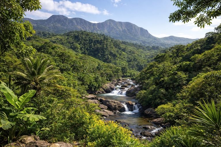 Madagascar national park tropical rainforest landscape with river mountains and lush green forest ✅ Caption ✅ Description